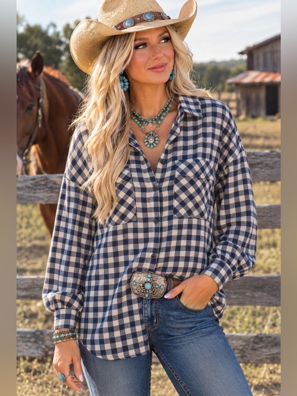 Zara Gingham Plaid Tunic Shirt - Blue/White XS